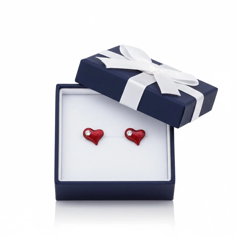 Sterling Silver Red Heart Stud Earrings‎